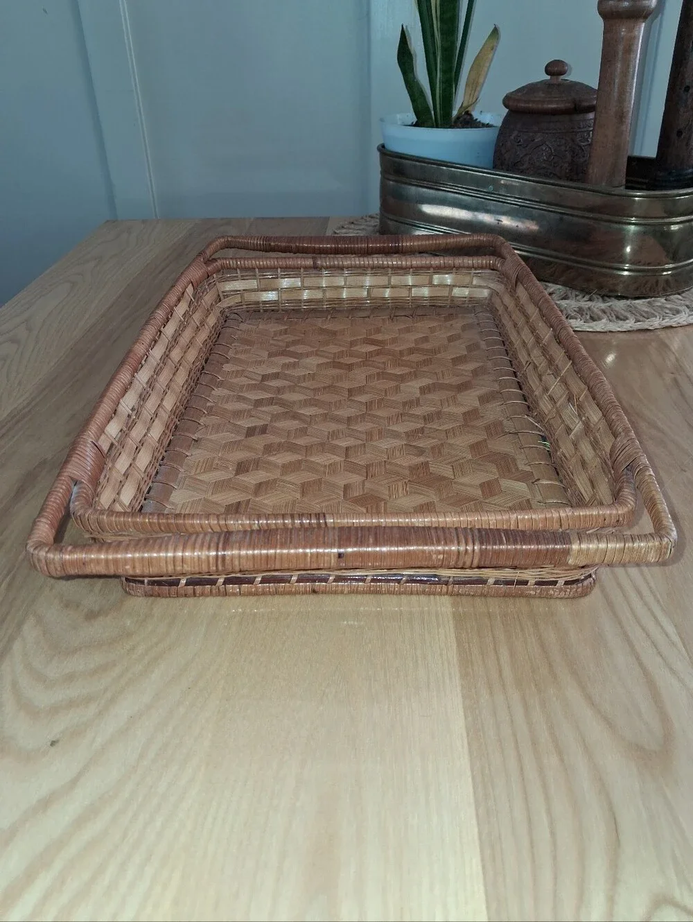 Vintage Rattan Tray Basket MCM Handwoven